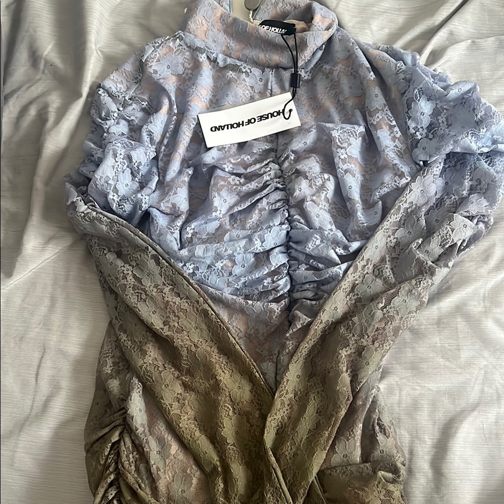 House of Holland Lace Ruched Dress in Blue and Brown